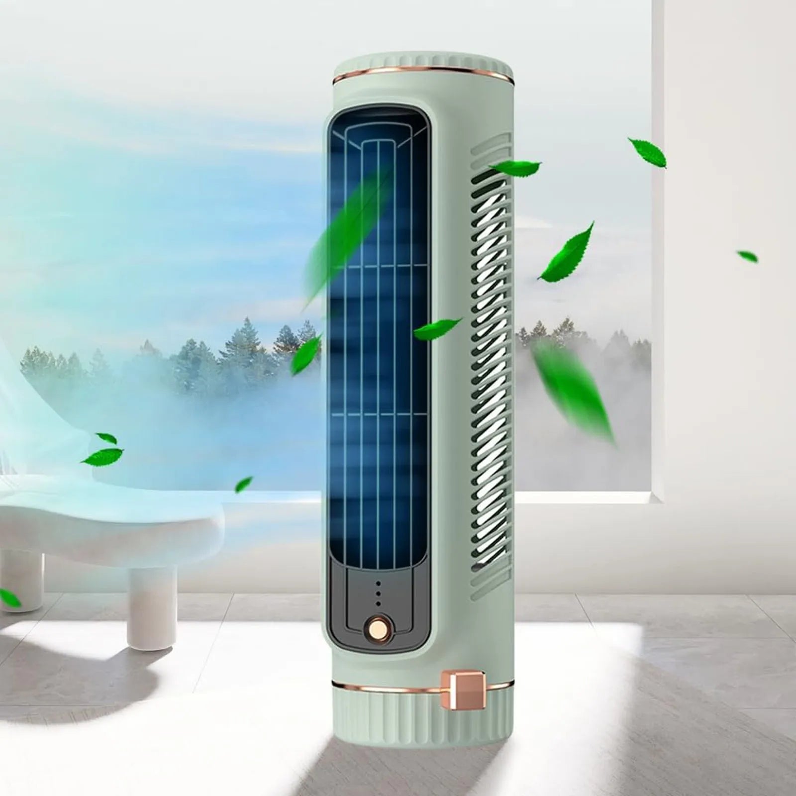 Compact Bladeless Tower Fan with 360° Airflow and Battery Power