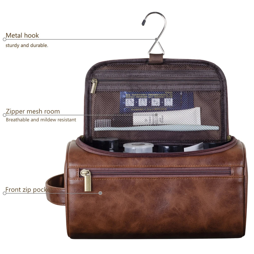 Sophisticated Leather Travel Kit with Convenient Hanging Hook