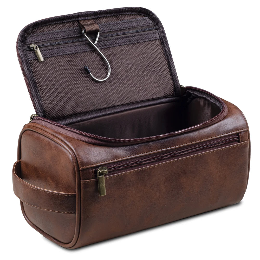 Sophisticated Leather Travel Kit with Convenient Hanging Hook