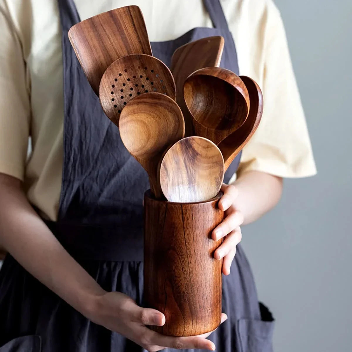 Elegant Wooden Kitchen Utensil Set with Stand