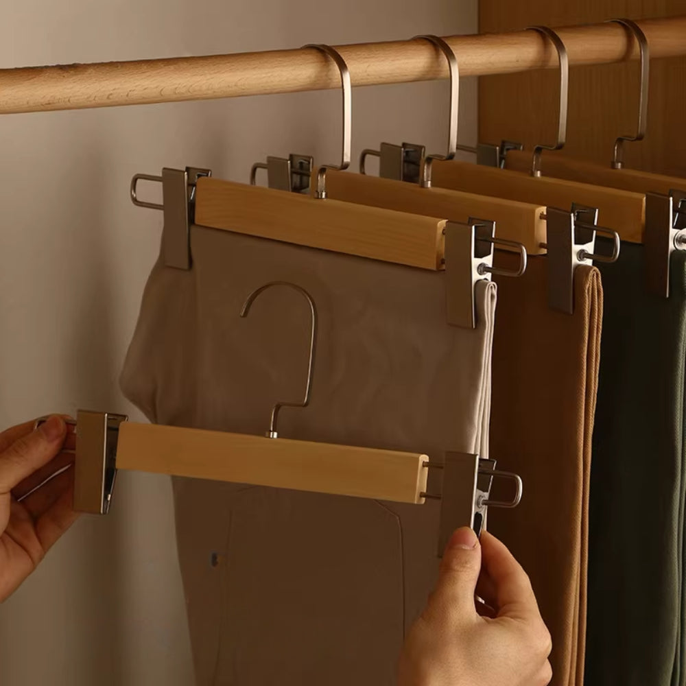 Elegant Wooden Hangers with Clips – 360° Rotating Hook for Effortless Clothing Storage