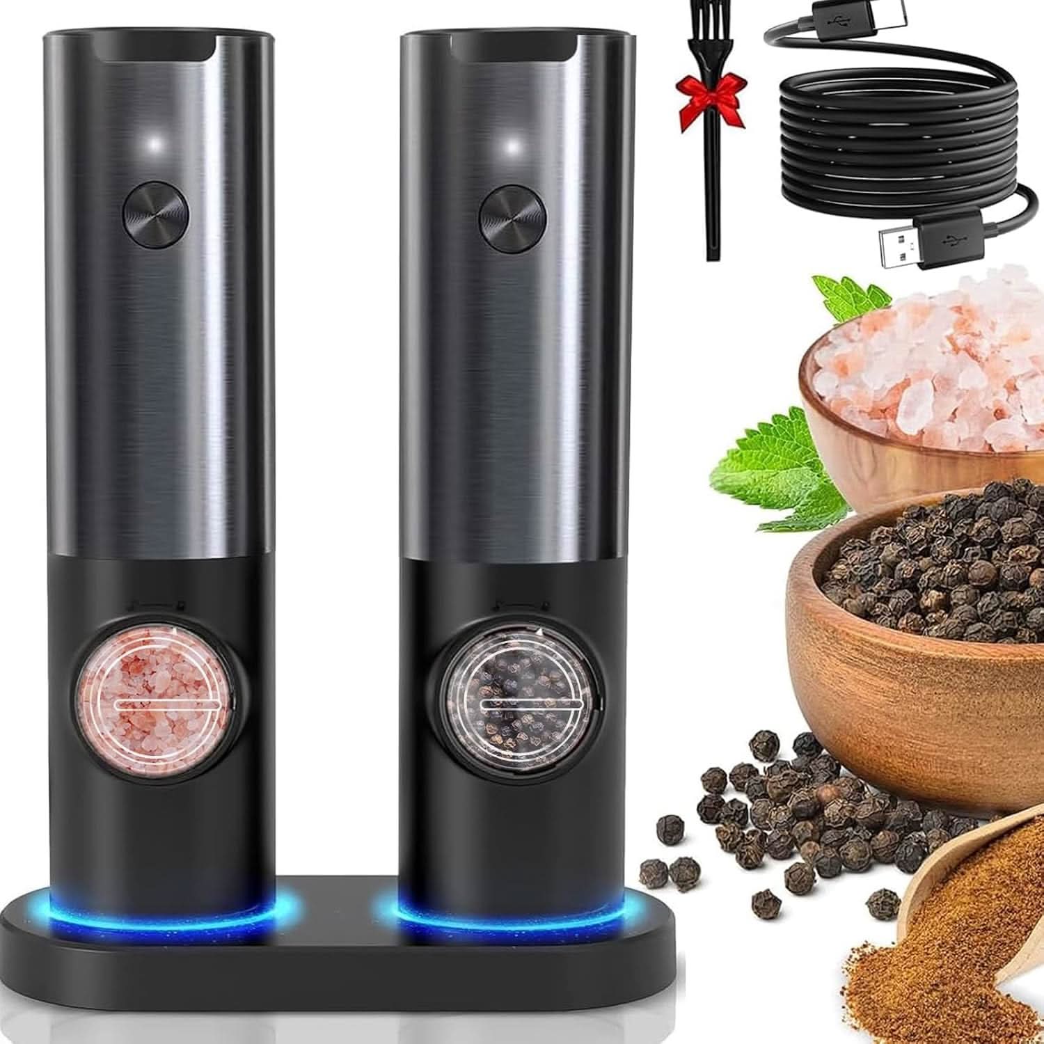 Rechargeable Electric Salt and Pepper Grinder Set with One-Handed Use and Adjustable Grind