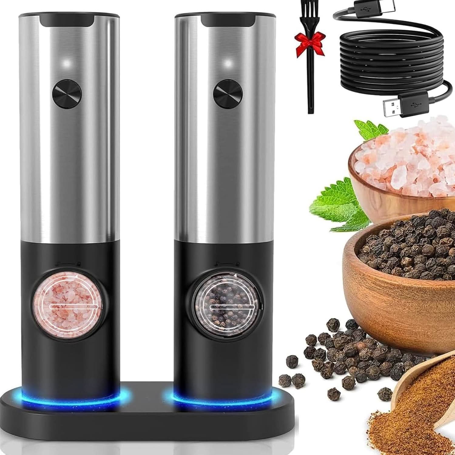 Rechargeable Electric Salt and Pepper Grinder Set with One-Handed Use and Adjustable Grind