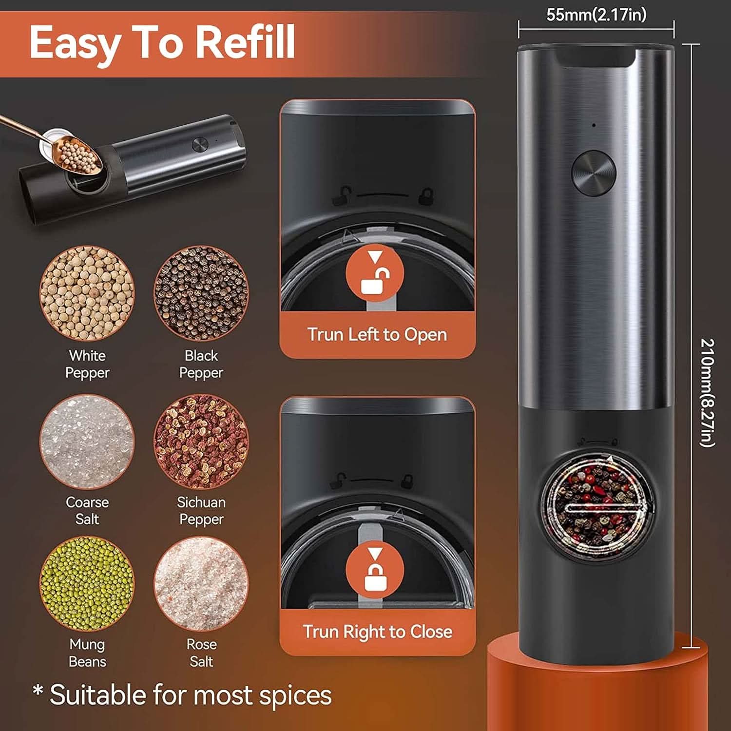 Rechargeable Electric Salt and Pepper Grinder Set with One-Handed Use and Adjustable Grind