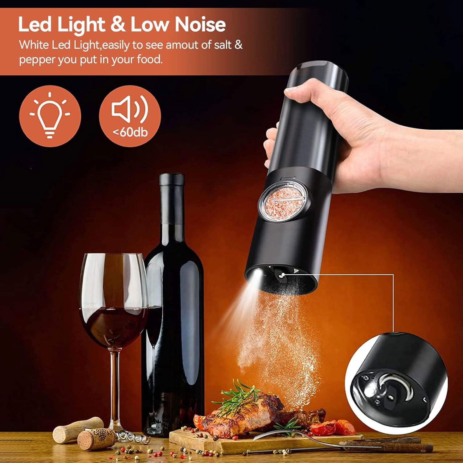 Rechargeable Electric Salt and Pepper Grinder Set with One-Handed Use and Adjustable Grind
