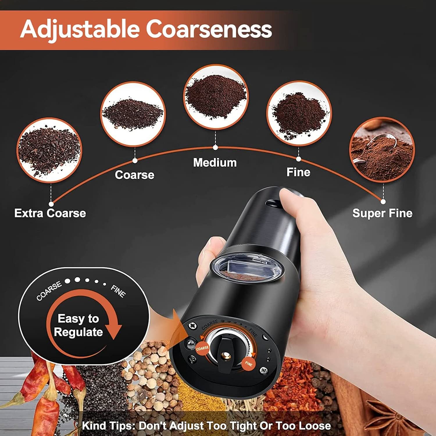 Rechargeable Electric Salt and Pepper Grinder Set with One-Handed Use and Adjustable Grind