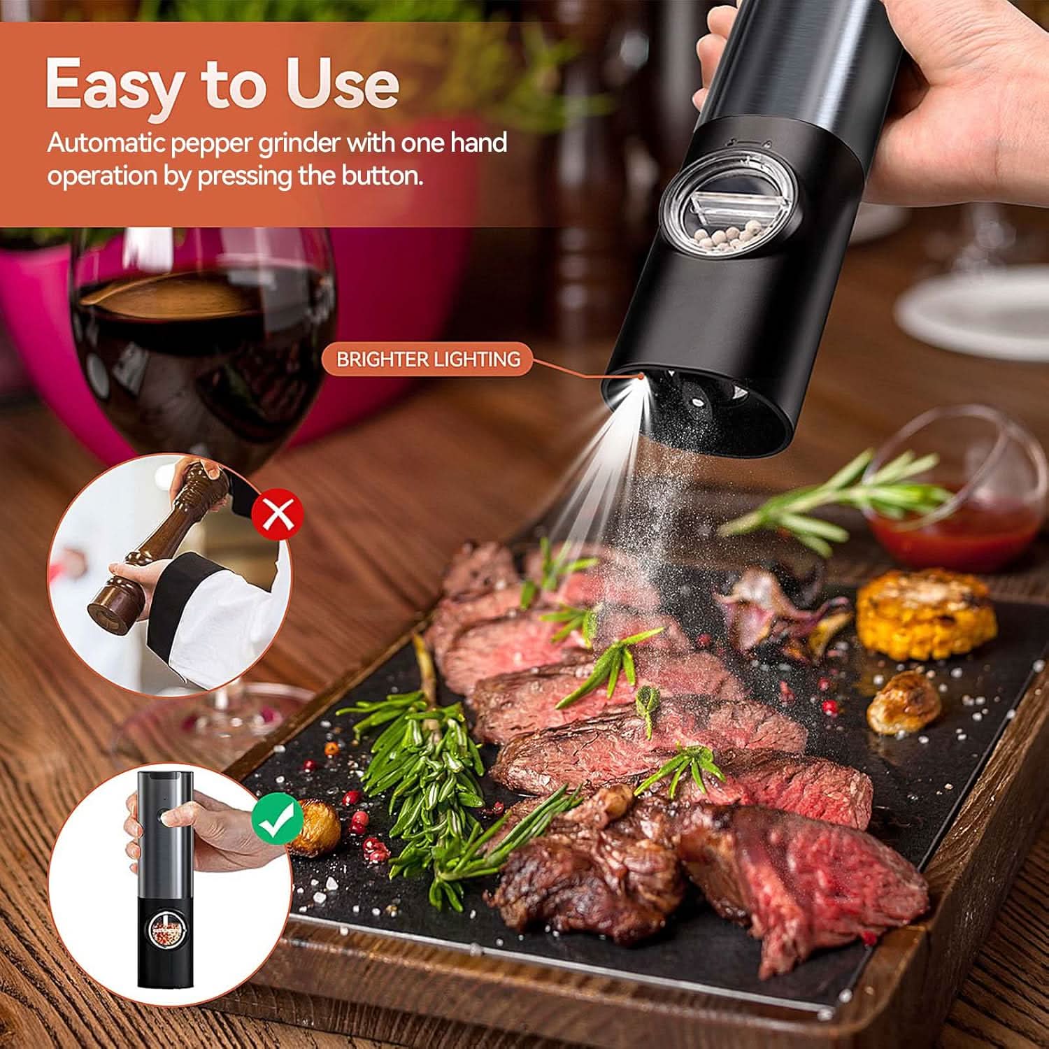 Rechargeable Electric Salt and Pepper Grinder Set with One-Handed Use and Adjustable Grind