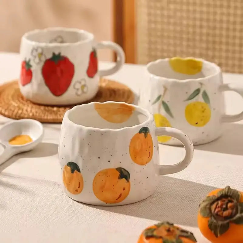 Fruit-Themed Rustic Ceramic Mug for All Beverages