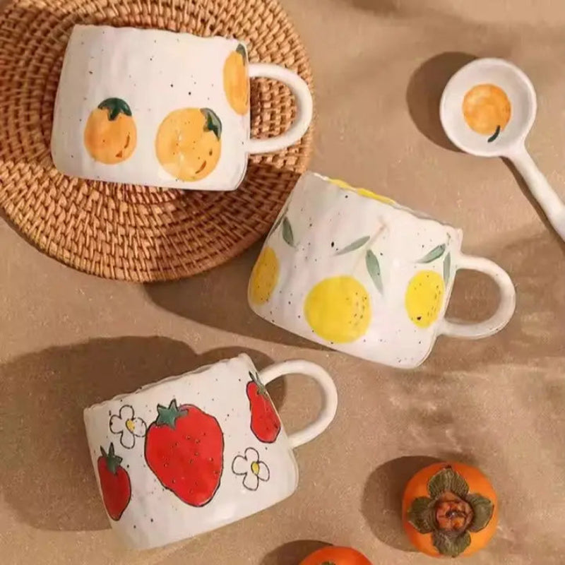 Fruit-Themed Rustic Ceramic Mug for All Beverages