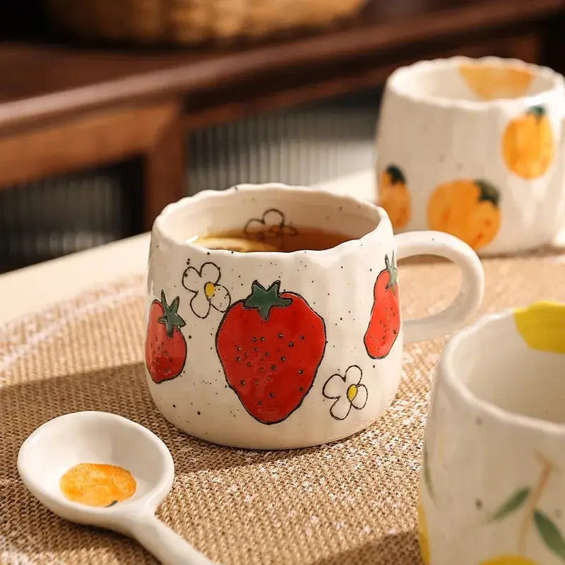 Fruit-Themed Rustic Ceramic Mug for All Beverages