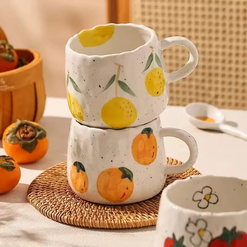 Fruit-Themed Rustic Ceramic Mug for All Beverages