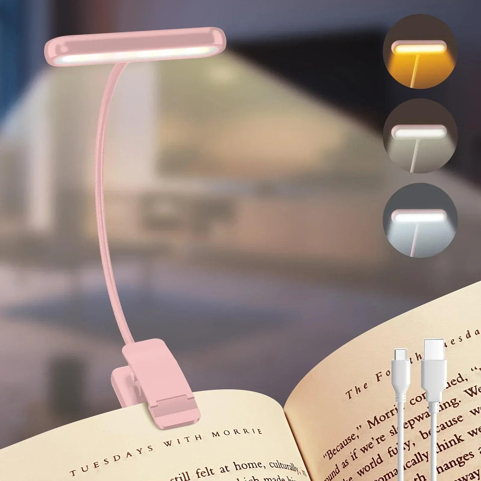 Versatile USB Rechargeable Clip-On Reading Light | Adjustable Arm & 3 Color Modes