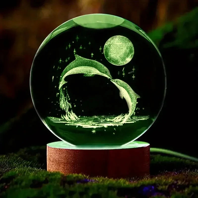Crystal Sphere with 3D Laser Engraving – Dolphin and Moon, LED Stand
