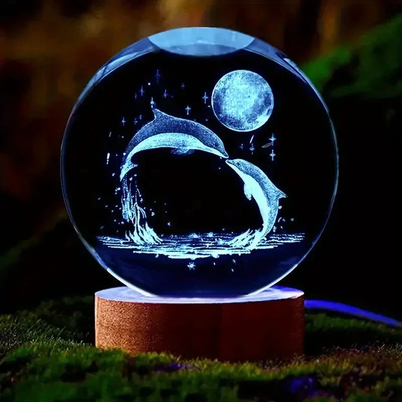 Crystal Sphere with 3D Laser Engraving – Dolphin and Moon, LED Stand