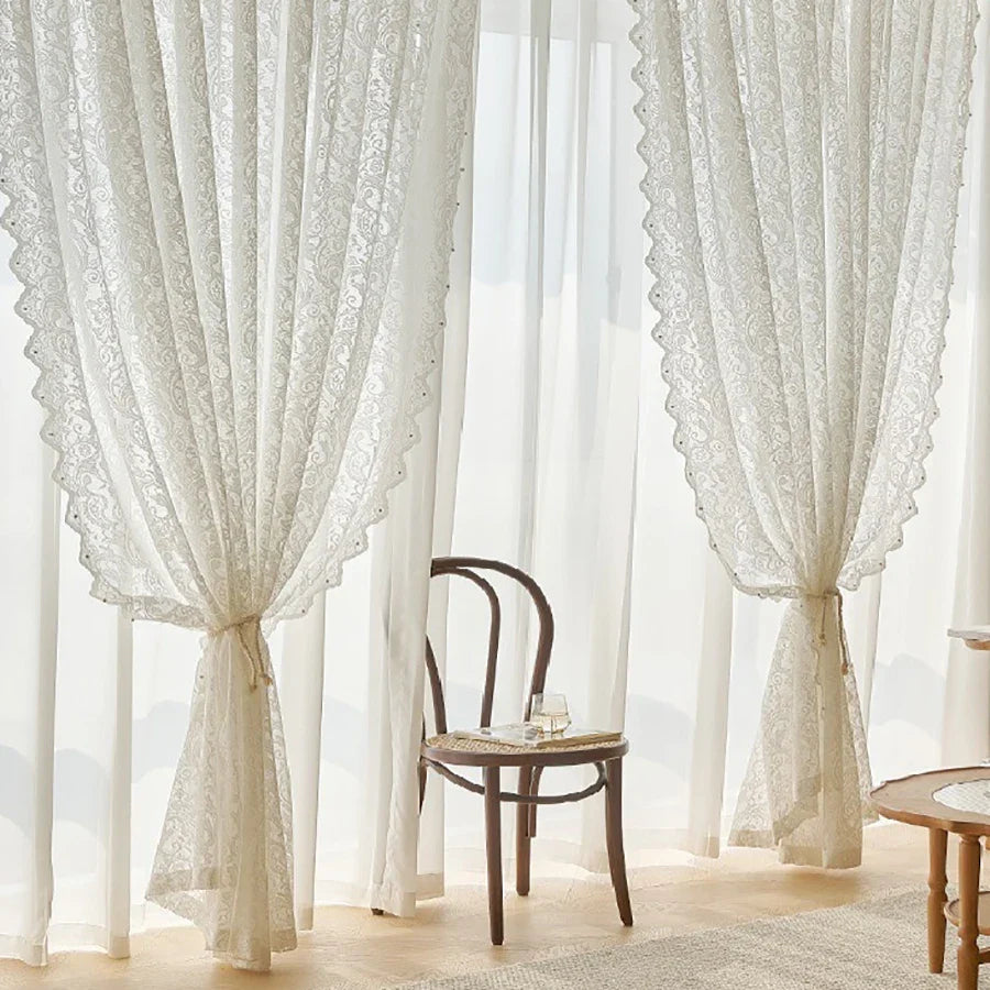 Charming Lace Curtain with Elegant Beaded Hem Detail