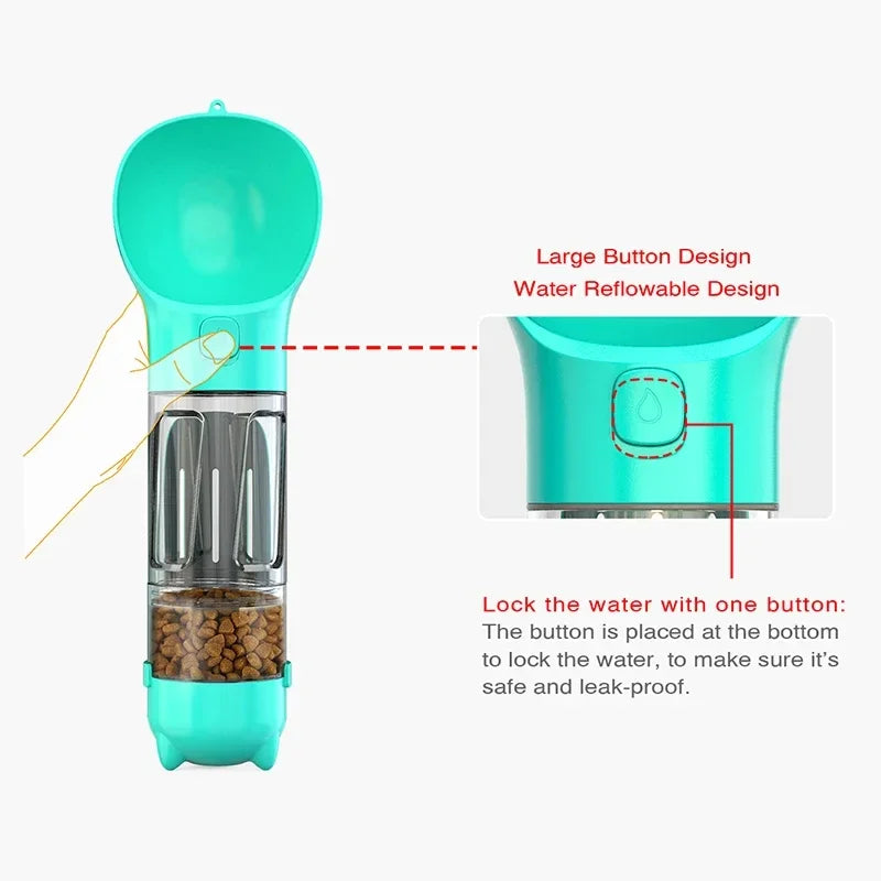 Portable Pet Water Bottle with Snack Compartment and Waste Bag Holder