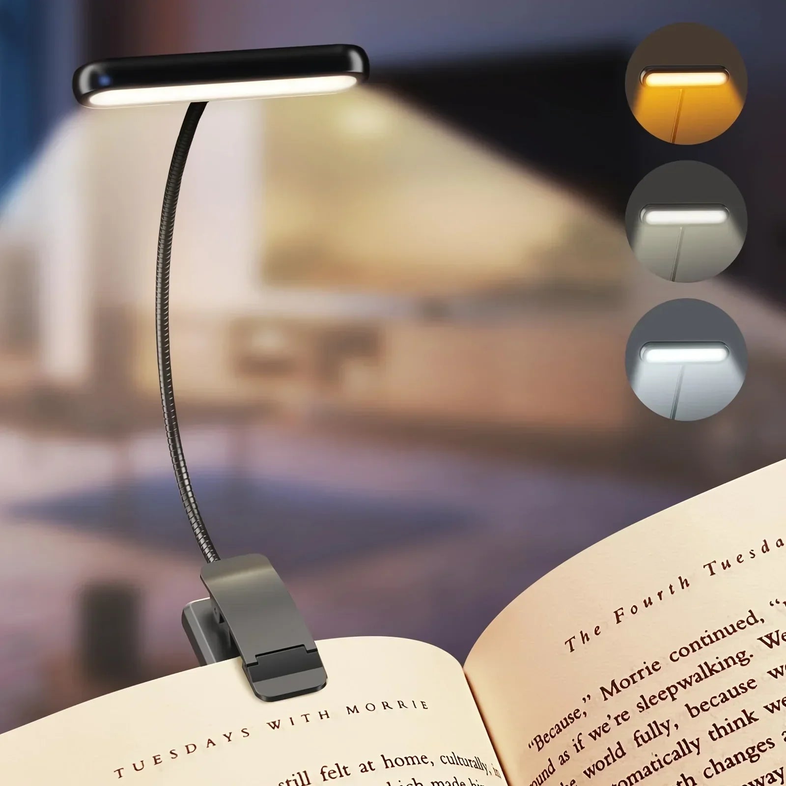 Versatile USB Rechargeable Clip-On Reading Light | Adjustable Arm & 3 Color Modes