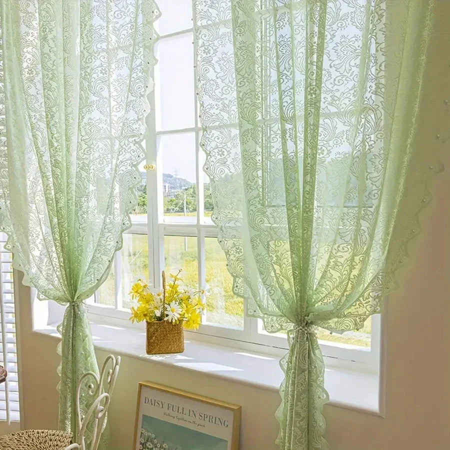Charming Lace Curtain with Elegant Beaded Hem Detail