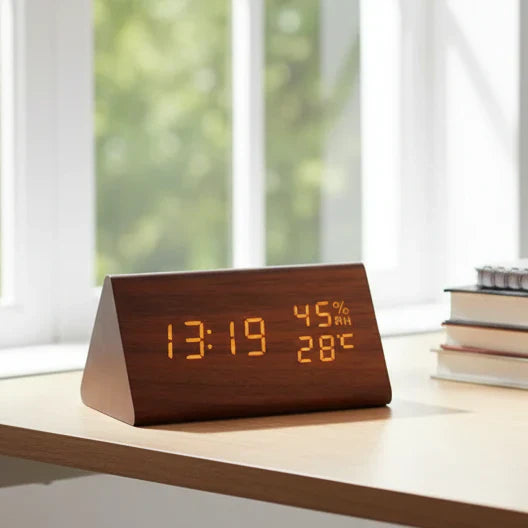 Elegant Wooden-Style LED Alarm Clock with Triple Alarm, Temp Display & Brightness Control