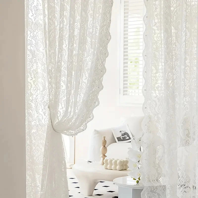 Charming Lace Curtain with Elegant Beaded Hem Detail