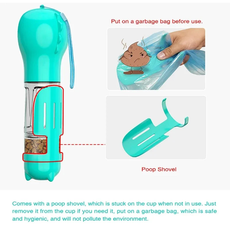 Portable Pet Water Bottle with Snack Compartment and Waste Bag Holder