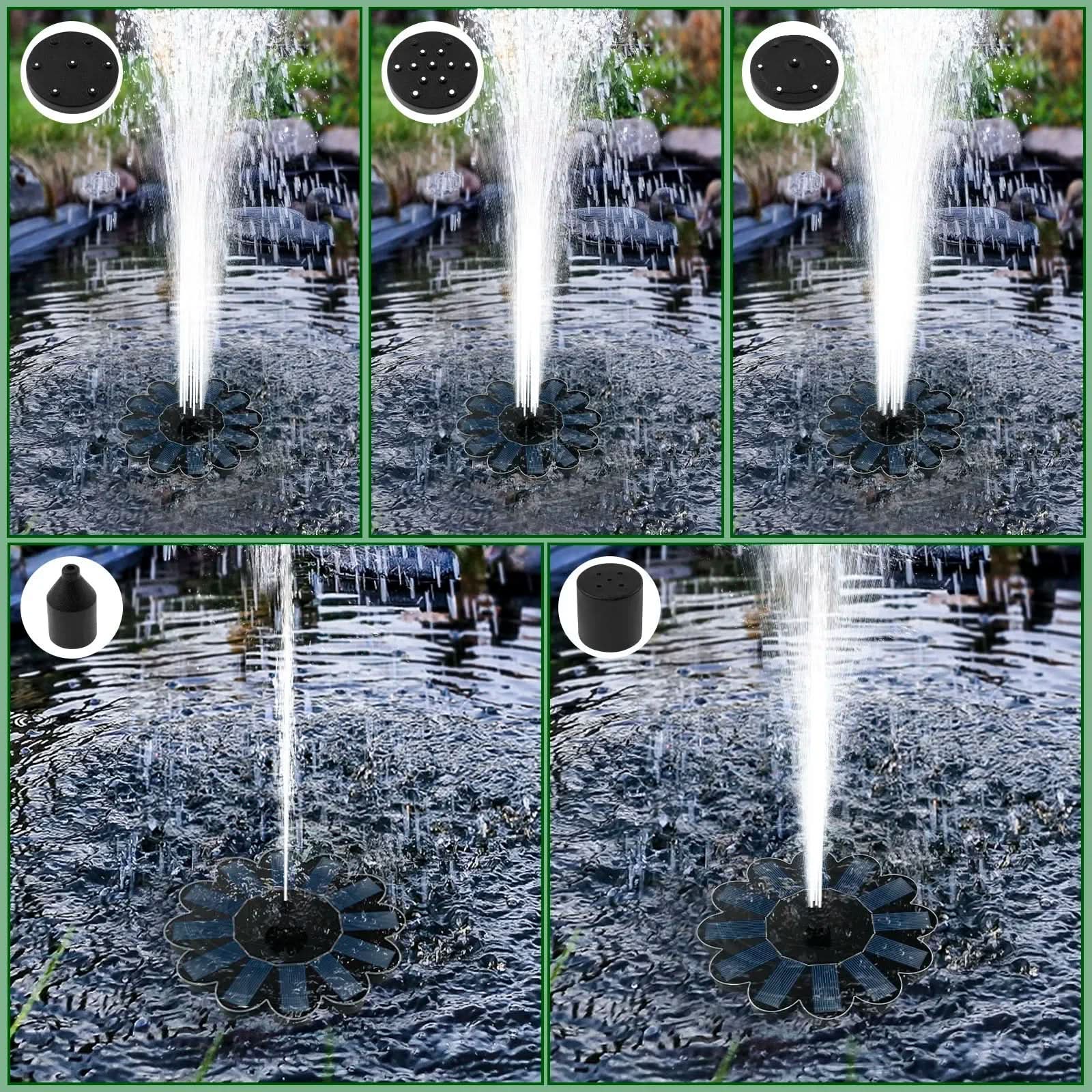 Solar-Powered Water Fountain with 5 Swappable Nozzles for Unique Designs