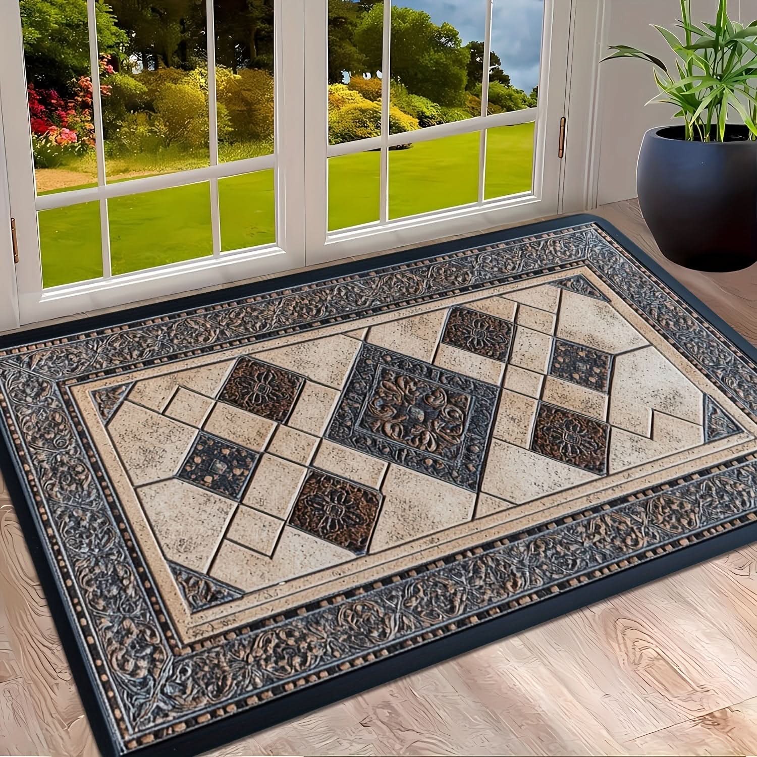 Geometric Border Entrance Mat - Washable for High-Traffic Spaces