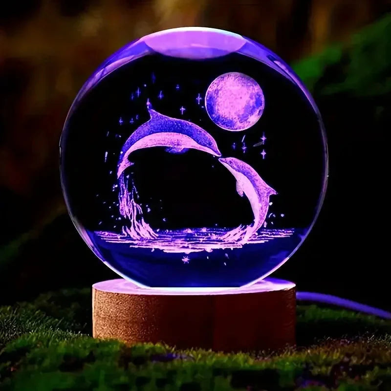 Crystal Sphere with 3D Laser Engraving – Dolphin and Moon, LED Stand