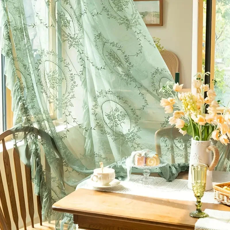 Chateau Breeze - Elegant Green Ruffled Sheer Curtains for Any Room