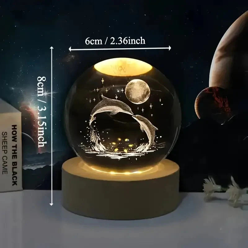 Crystal Sphere with 3D Laser Engraving – Dolphin and Moon, LED Stand