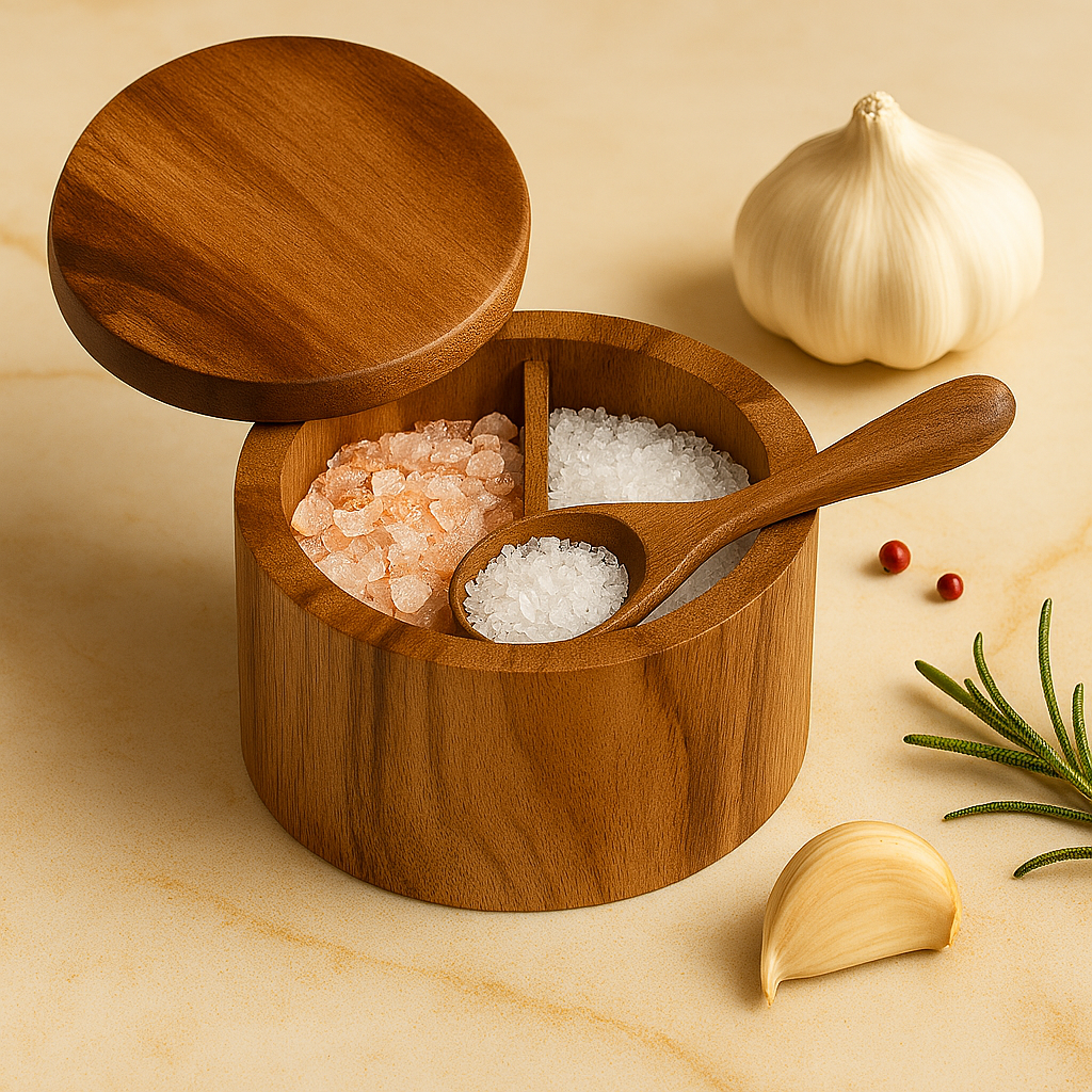 Elegant Wooden Spice Keeper with Spoon - 9cm Diameter