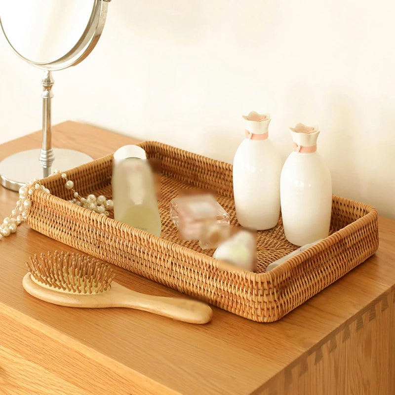 Elegant Rattan Serving Tray with Handles and Elevated Edges