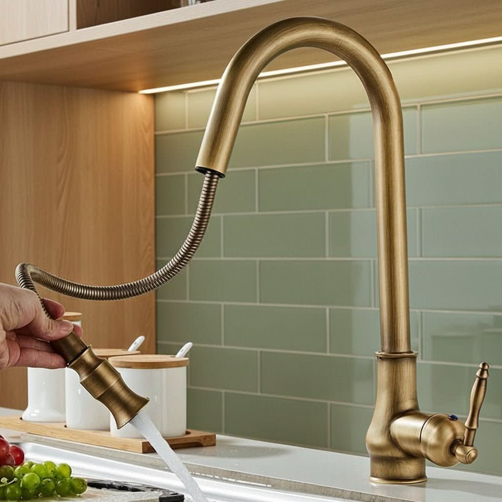 Antique High Arc Sink Mixer Kitchen Faucet with Pull-Out Spray