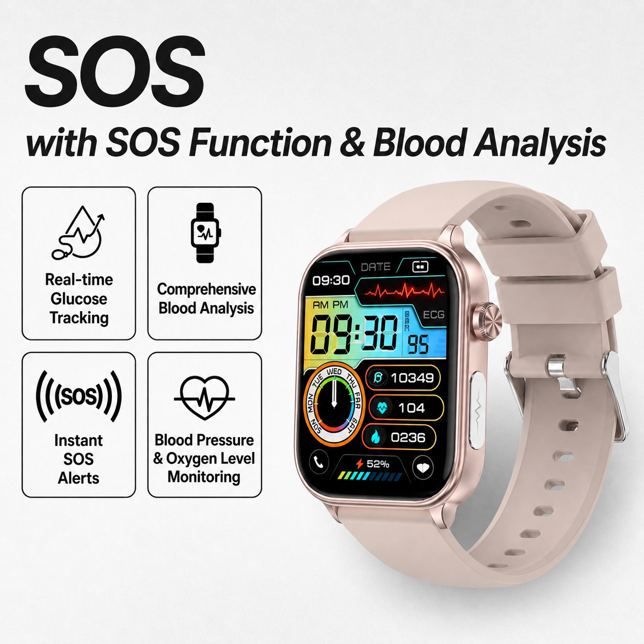 Smartwatch with SOS Emergency Alert and Fall Detection | Heart Rate, Oxygen, and Activity Monitoring | Bluetooth and Waterproof
