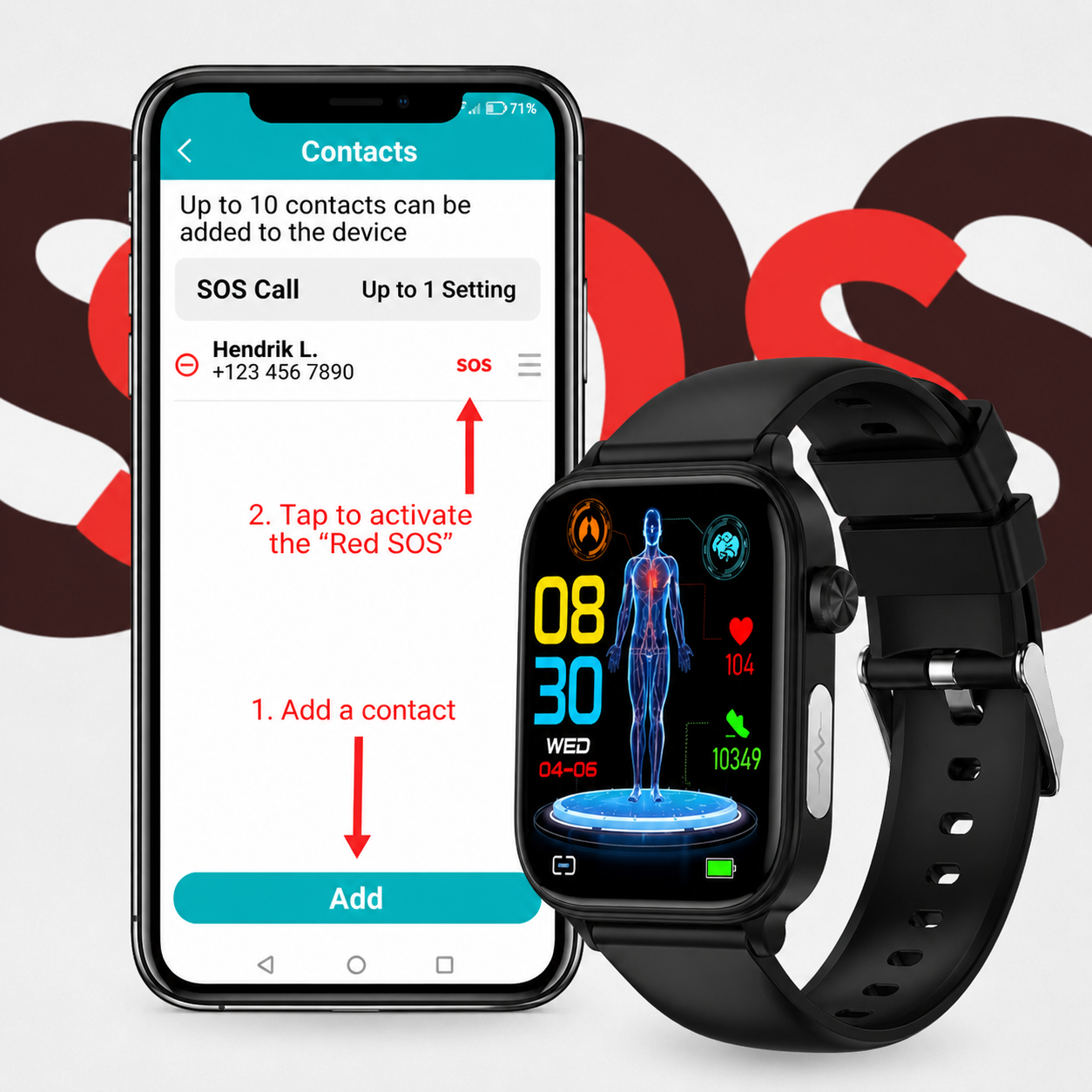 Smartwatch with SOS Emergency Alert and Fall Detection | Heart Rate, Oxygen, and Activity Monitoring | Bluetooth and Waterproof