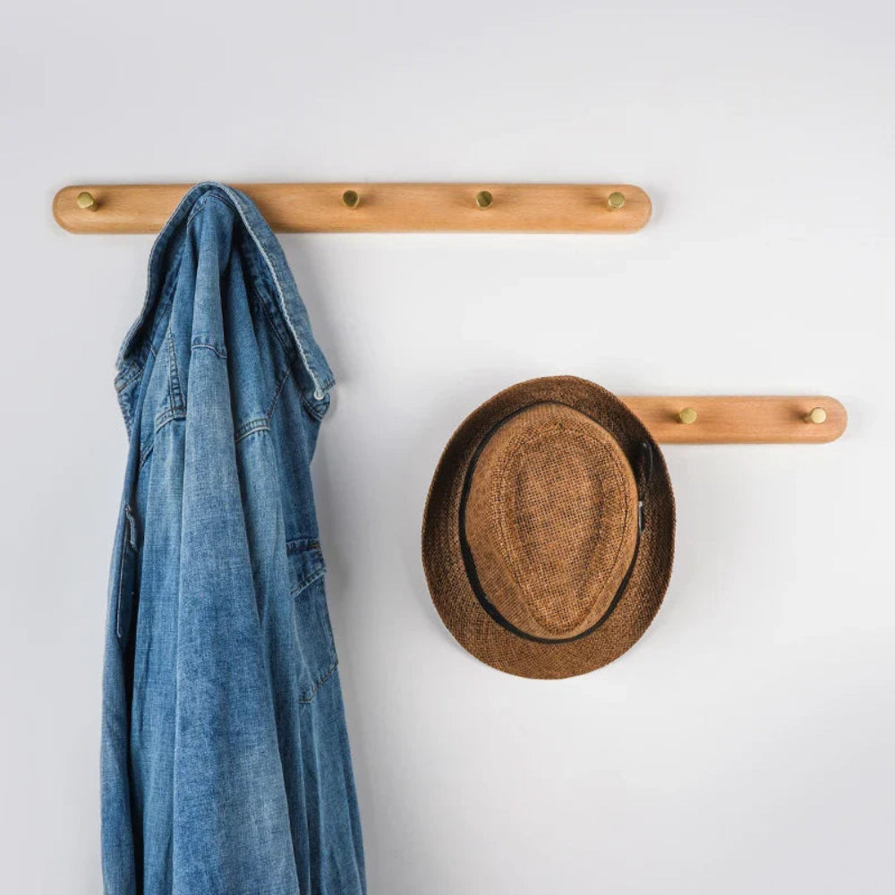 Chic Natural Wood Wall Hooks with Elegant Brass Details