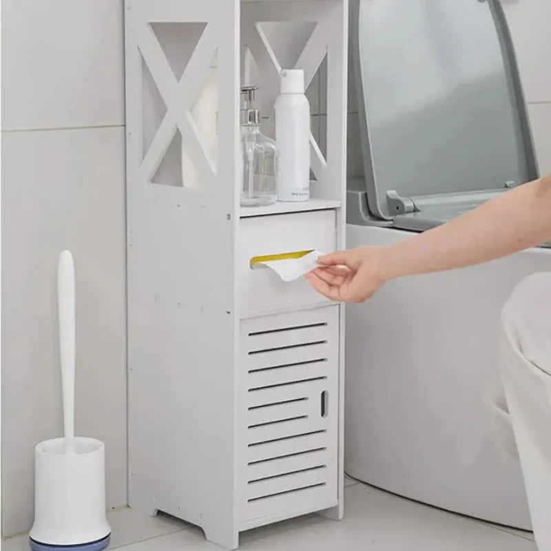 Compact White Wood Bathroom Organizer for Efficient Storage