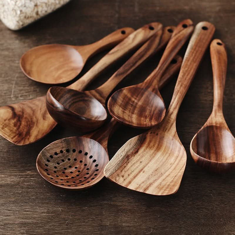 Teak Wood Kitchen Utensil Set for Natural Cooking – Spatula & Spoons