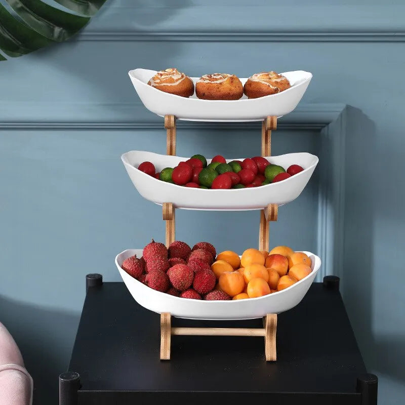 Multi-Level Fruit Organizer with Bamboo Base and Plastic Bowls