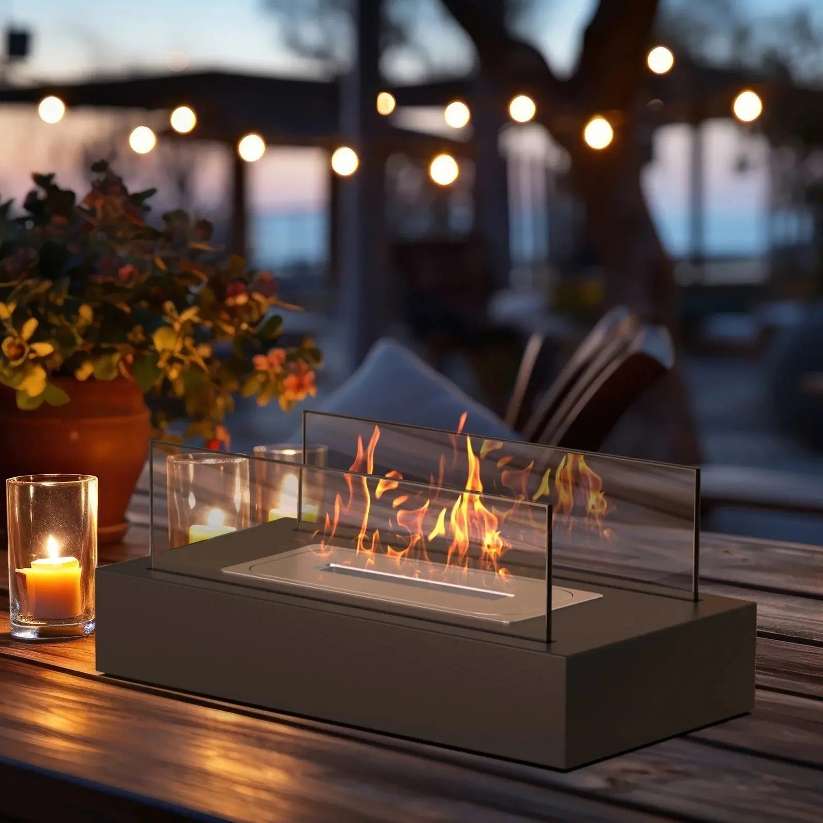 Tabletop Fireplace with Bio-Ethanol | Real Flame, Smoke-Free | Glass Windshield