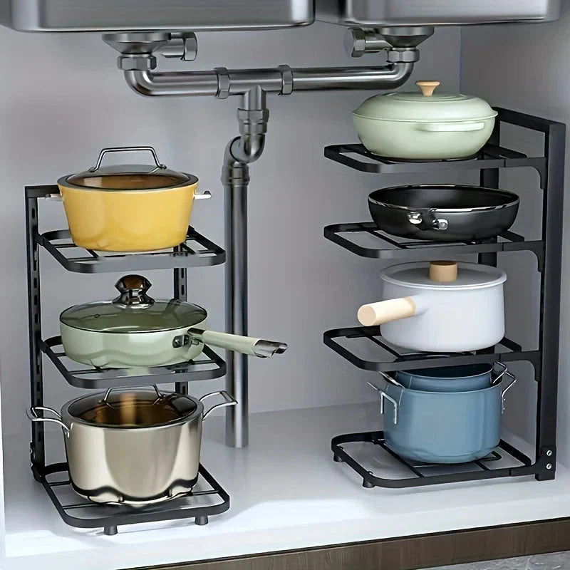 Pan and Pot Organizer Rack | Adjustable Shelves | Compact Cabinet Storage