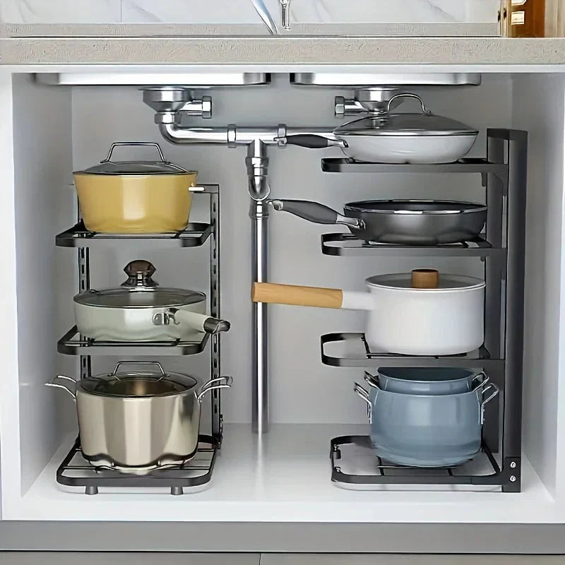 Pan and Pot Organizer Rack | Adjustable Shelves | Compact Cabinet Storage