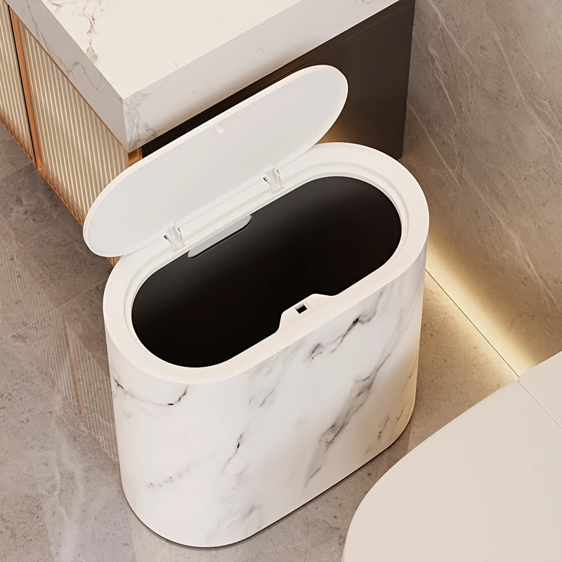 Sleek Oval Waste Bin with Marble Finish – Space-Saving Design