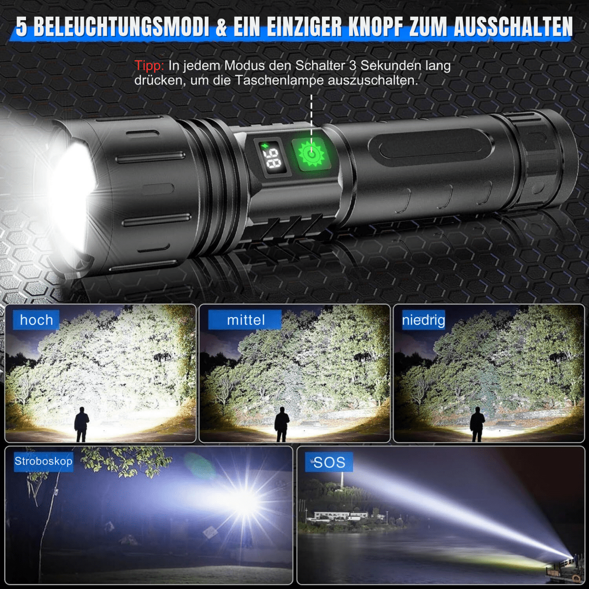 Rechargeable Tactical Torch with USB-C and Long-Lasting LED Light