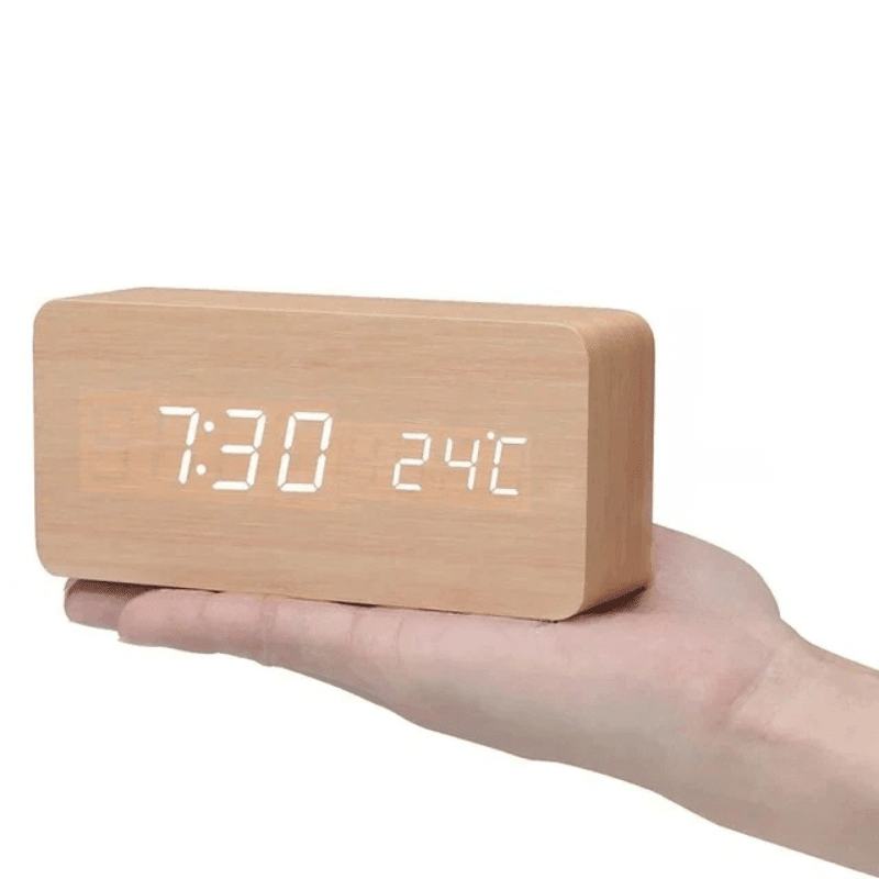Natural Wood LED Clock with Voice Activation for Modern Homes