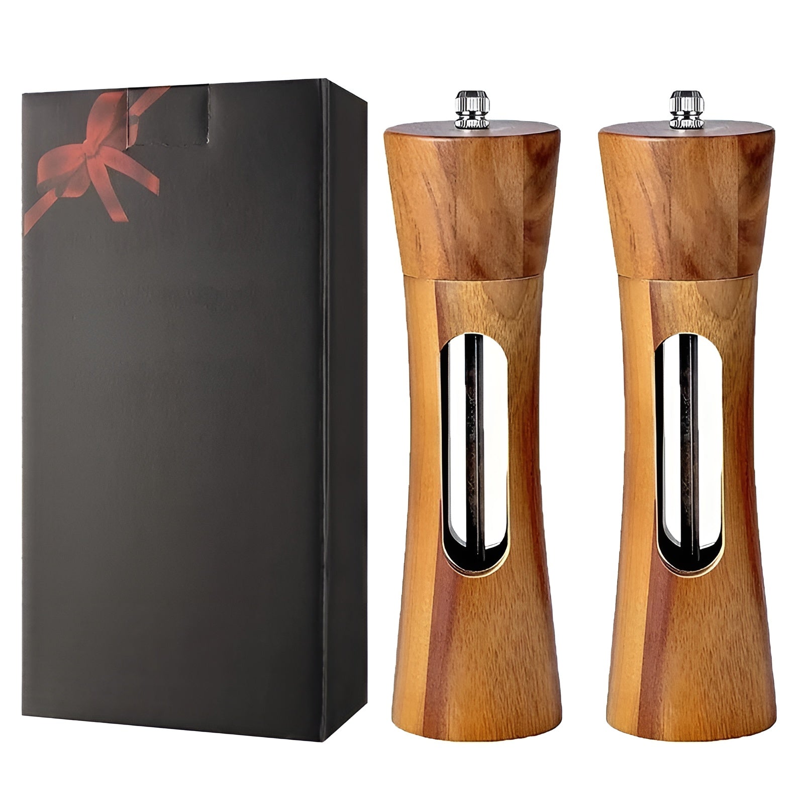 Elegant Duo of Wooden Spice Grinders with Clear Viewing Window