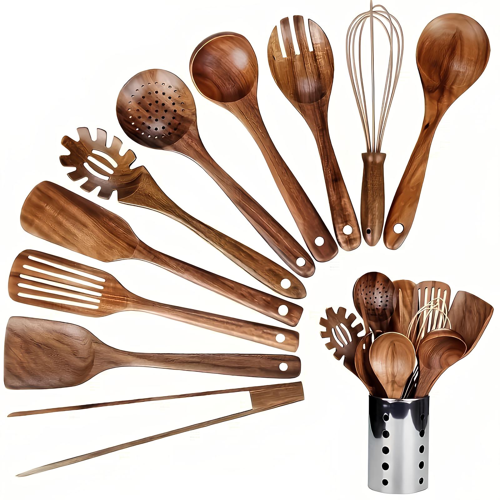 Elegant 11-Piece Teak Kitchen Utensil Collection with Stand