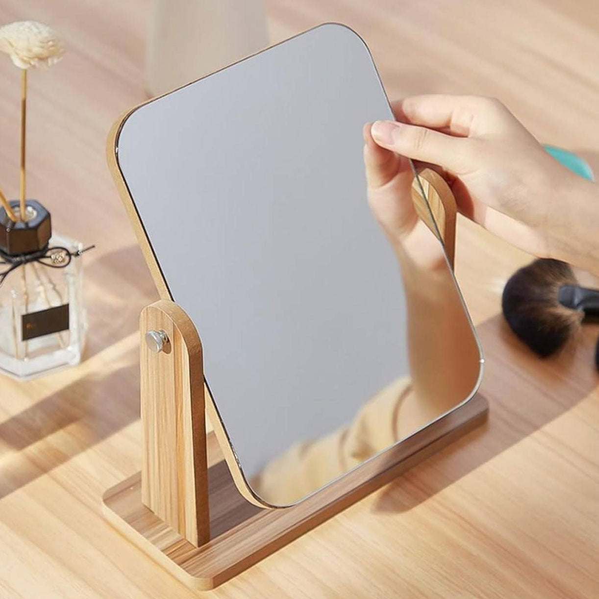 Elegant Wooden Framed Rotating Tabletop Beauty Mirror