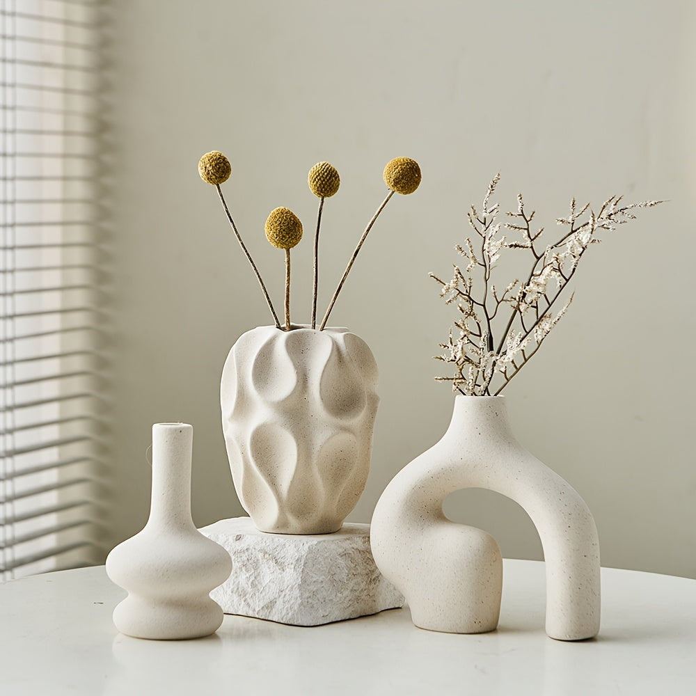 Modern Ceramic Vase Trio in Elegant Matte White Finish