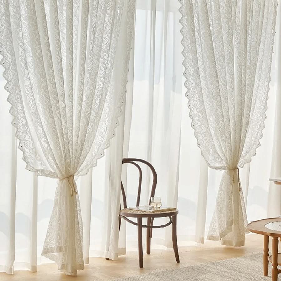 Elegant White Lace Curtain Panel with Beaded Phoenix Tail Design